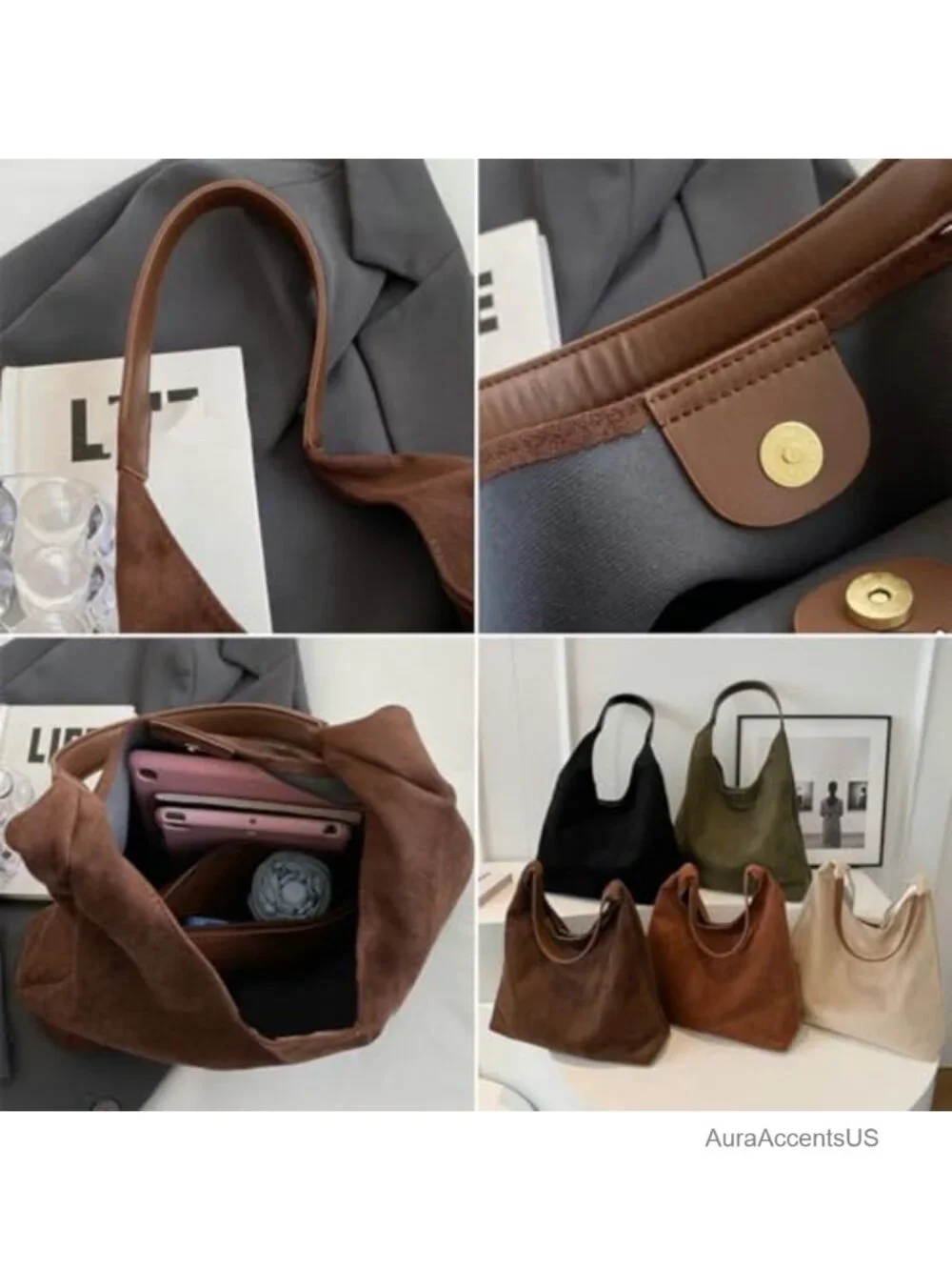 Faux Suede Leather Slouchy Hobo Shoulder Bag Women Large Tote Handbag Work